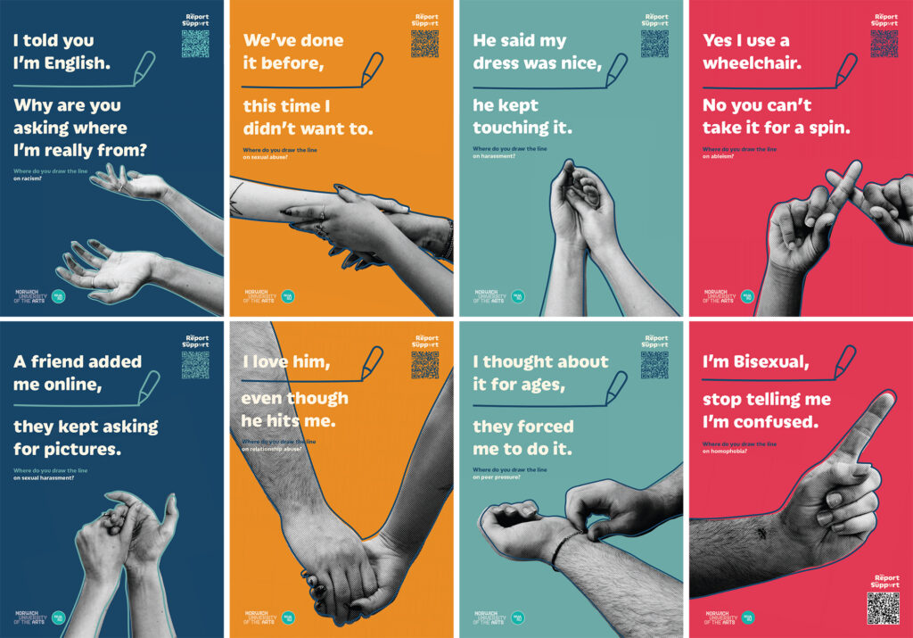 A collage of eight posters featuring hands in different gestures, each with text highlighting microaggressions and stereotypes, including phrases about race, disability, sexuality, and abusive relationships.
