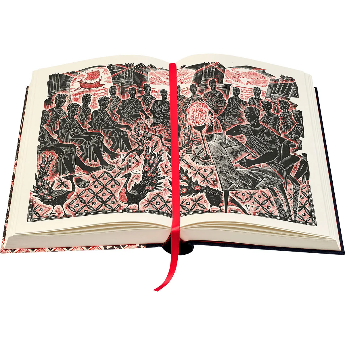 An open book displays an intricate illustration of people gathered around a fire, with detailed patterns and a red ribbon bookmark lying across the pages.