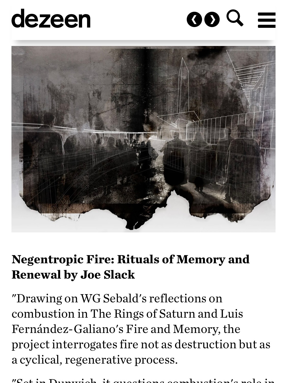 Abstract black and white artwork with architectural line drawings over a smoky, textured background. The image accompanies an article titled "Negentropic Fire: Rituals of Memory and Renewal by Joe Slack" on the Dezeen website.