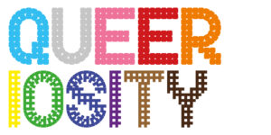 Colorful text spelling "QUEERIOSITY," with each letter made of small shapes in different colors: teal, gray, pink, red, orange, yellow, green, blue, brown, and black.
