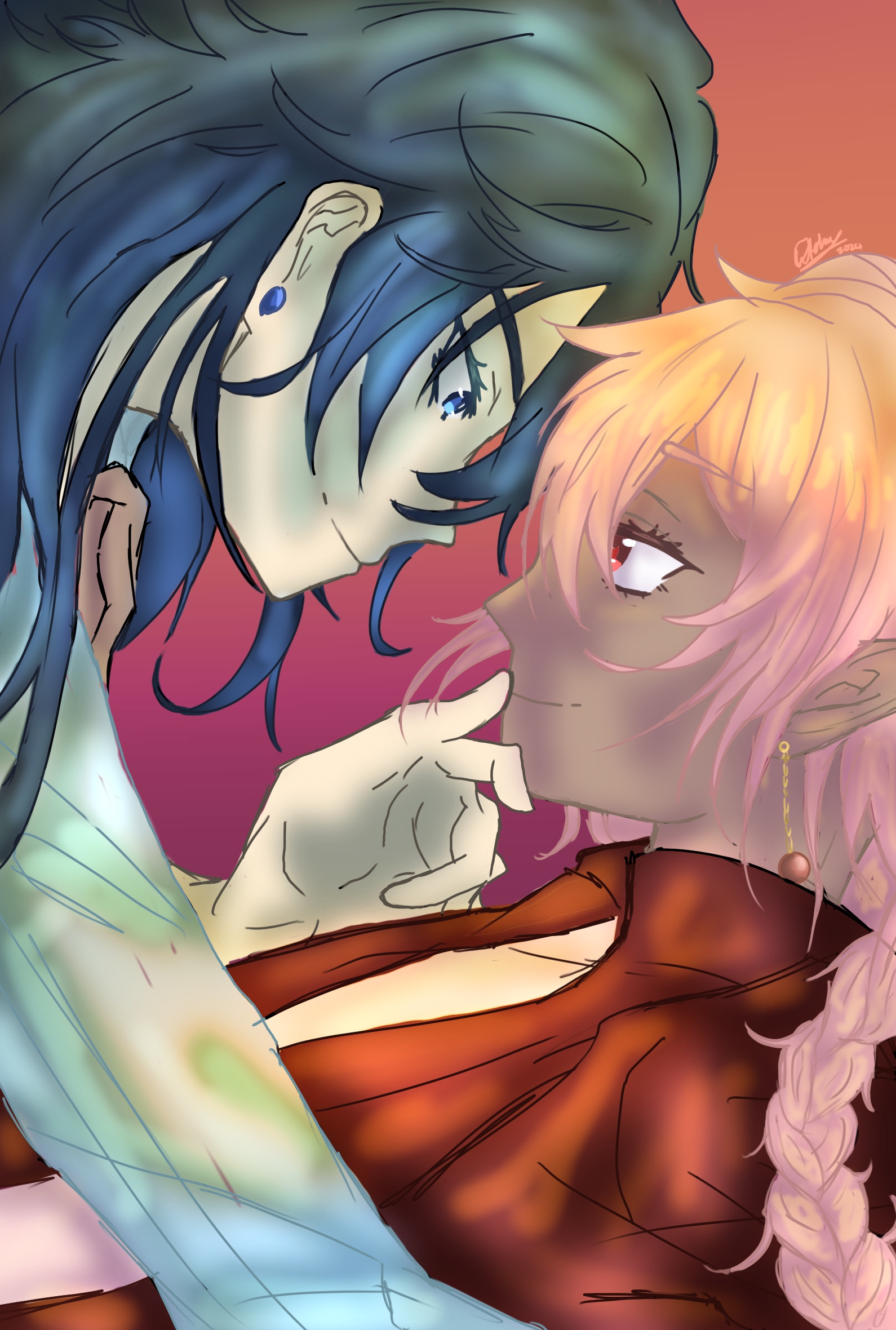 Two anime-style characters gaze at each other closely. One has long blue hair and blue eyes, gently touching the face of the other, who has long pink hair in a braid and a red shirt. The background fades from pink to orange.