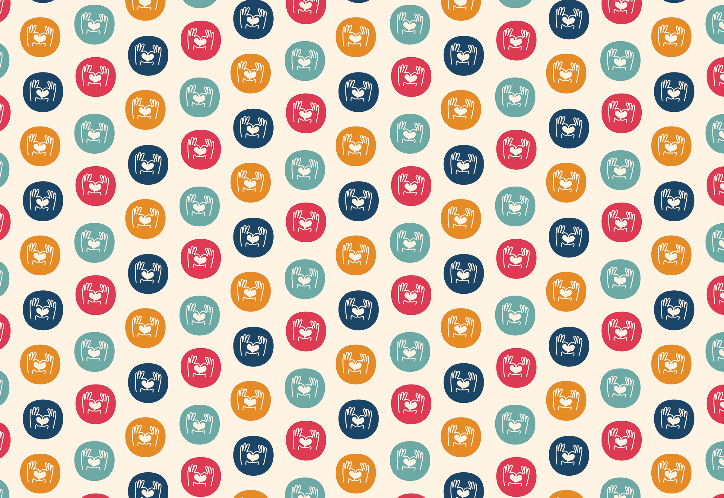 A repeating pattern of circles in teal, orange, red, and blue, each containing a white outline of a crab on a light beige background.