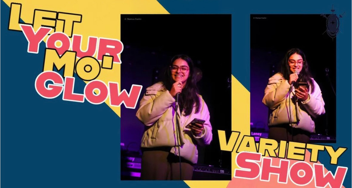 A young person with long dark hair and glasses holds a microphone and phone while smiling on stage. Bold text reads "Let Your Mo' Glow" and "Variety Show" on a colourful background.