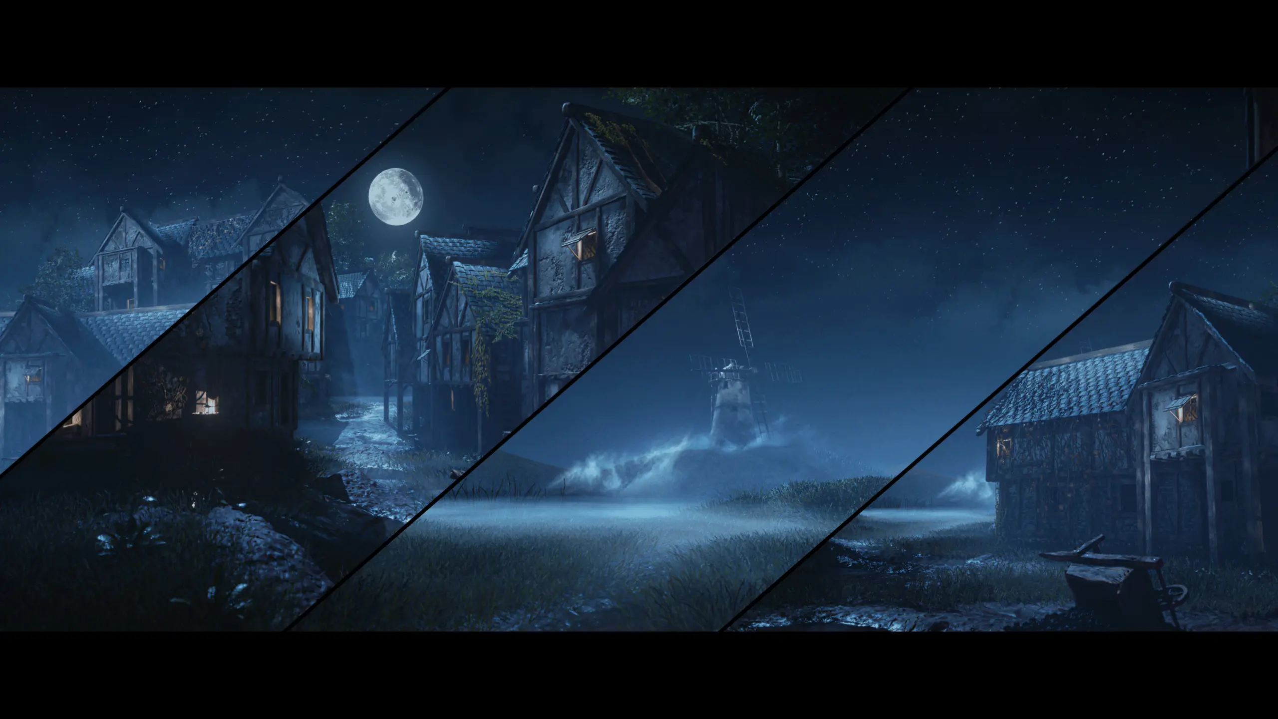 A medieval village at night under a bright full moon, split into three diagonal sections showing cottages, a windmill, and a misty field, all illuminated by moonlight and stars.