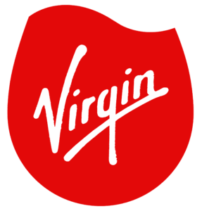 The image shows the Virgin logo with the word "Virgin" written in white, cursive script on a red, irregularly shaped background.