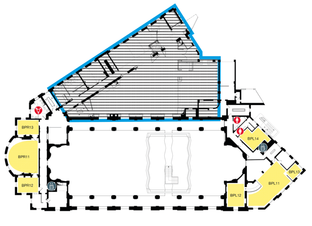 Floor plan showing multiple rooms labeled BPL11 to BPL14, restrooms, stairs, and a large central hall with a fountain. Emergency exits and elevators are marked. One section is highlighted in blue.