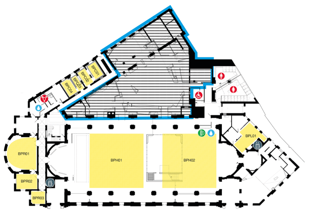 Floor plan with labeled rooms (BPH01, BPH02, BPR01, BPR02, BPR03, BPR04), restrooms, elevators, and staircases. Some rooms are highlighted in yellow, and several icons indicate facilities and access points.