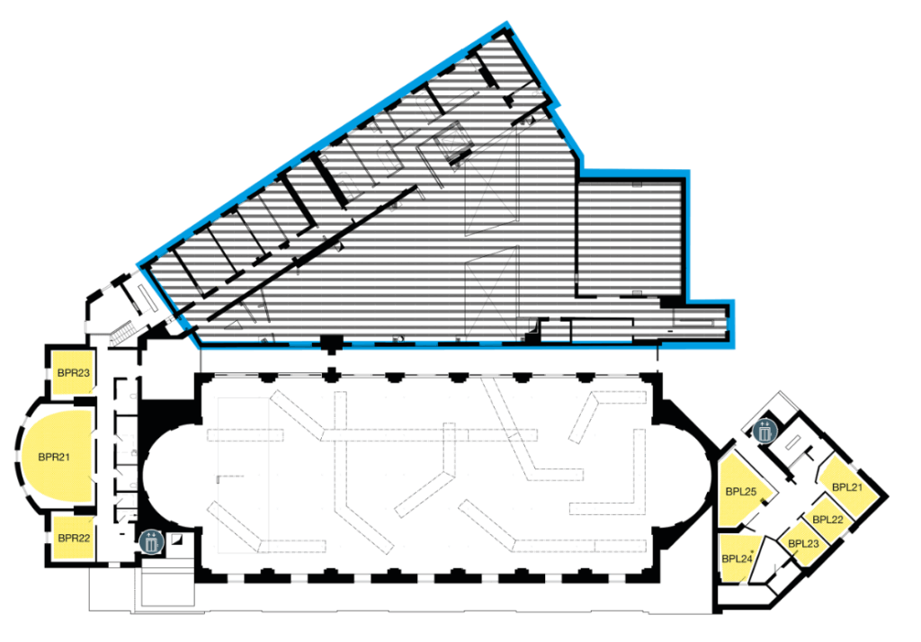 Floor plan with labeled rooms (BRPR1–BRPR3 and BPL21–BPL25), hallways, staircases, elevators, and two restroom symbols, showing room layout and pathways throughout the building.