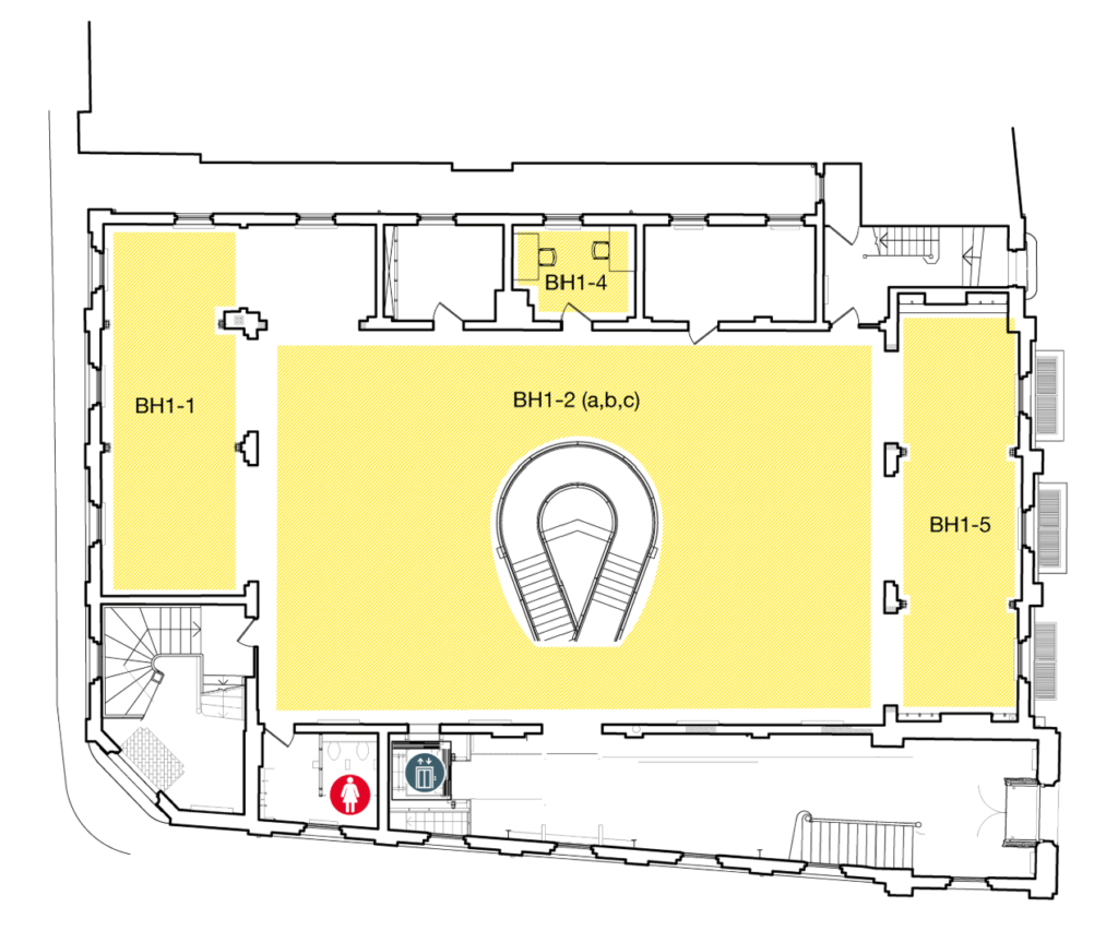 Floor plan showing five labeled rooms (BH1-1, BH1-2 a,b,c, BH1-4, BH1-5) and a central staircase. Elevator, restrooms, and an information icon are shown near the lower left corner.