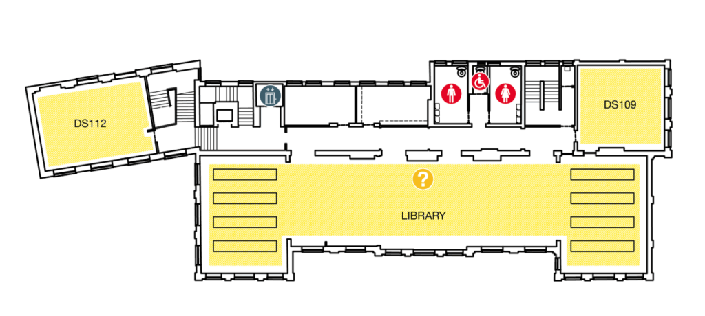 Floor plan showing a library in the center, room DS112 on the left, room DS109 on the right, restrooms (including accessible) and elevators in the upper middle, and an information desk in the library area.