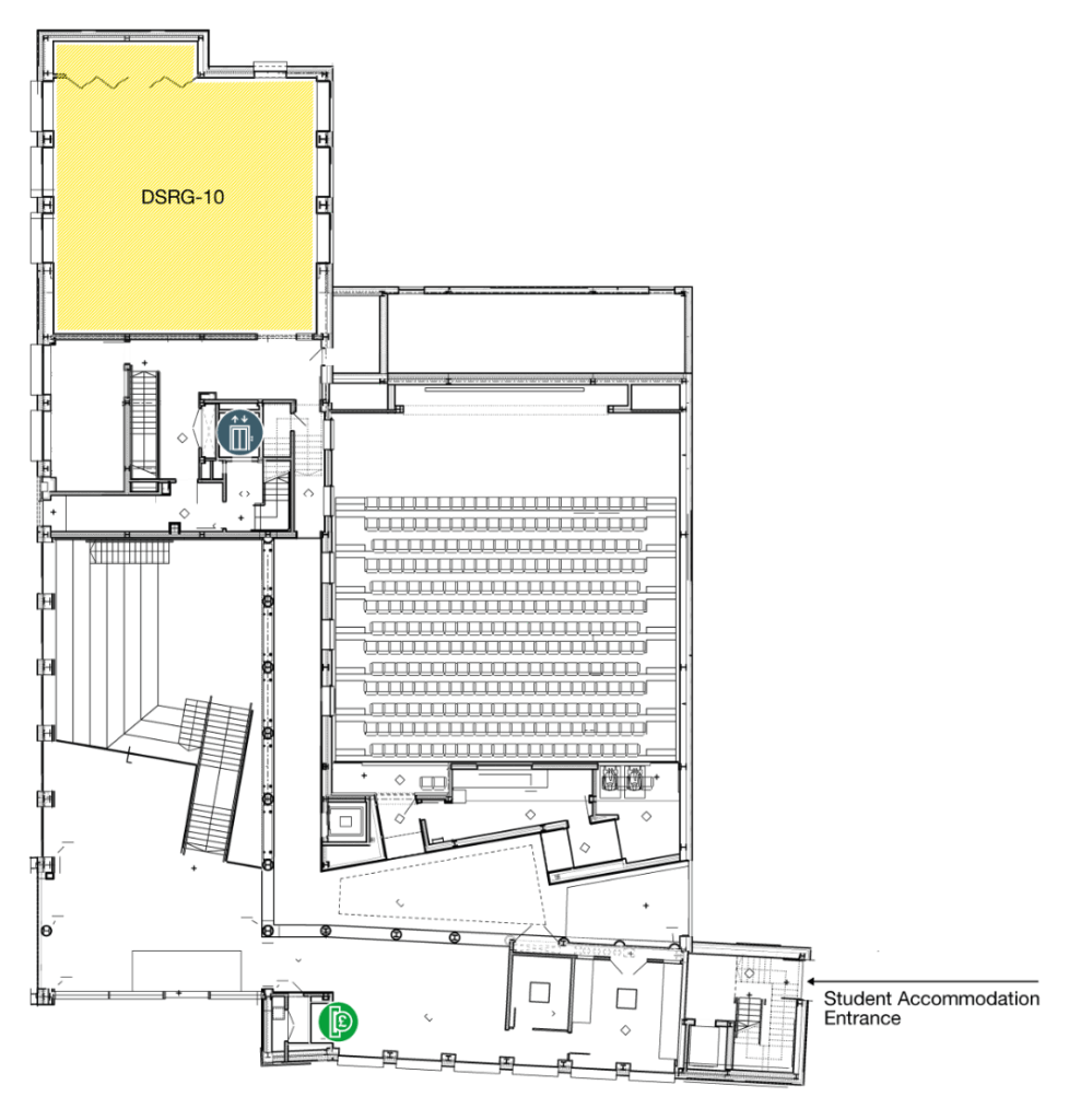 Floor plan showing a large lecture hall, several staircases, elevators, restrooms, and a highlighted classroom labeled "DSRG-10." The Student Accommodation Entrance is at the bottom right of the map.