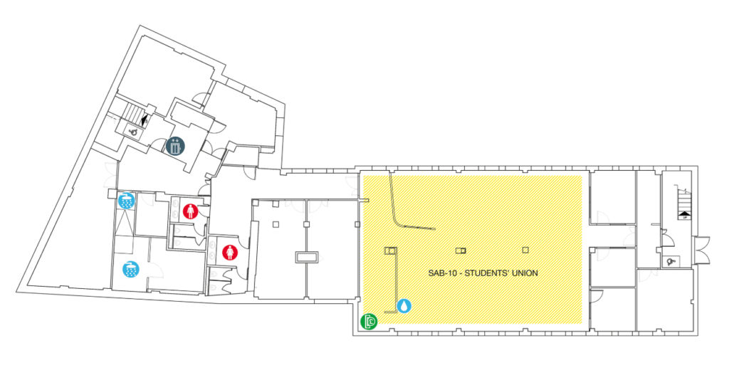 Floor plan showing restrooms, accessible restroom, stairwells, and a large shaded area labeled “SAB-10 - STUDENTS’ UNION.” Icons indicate restroom, accessible restroom, and elevator locations.
