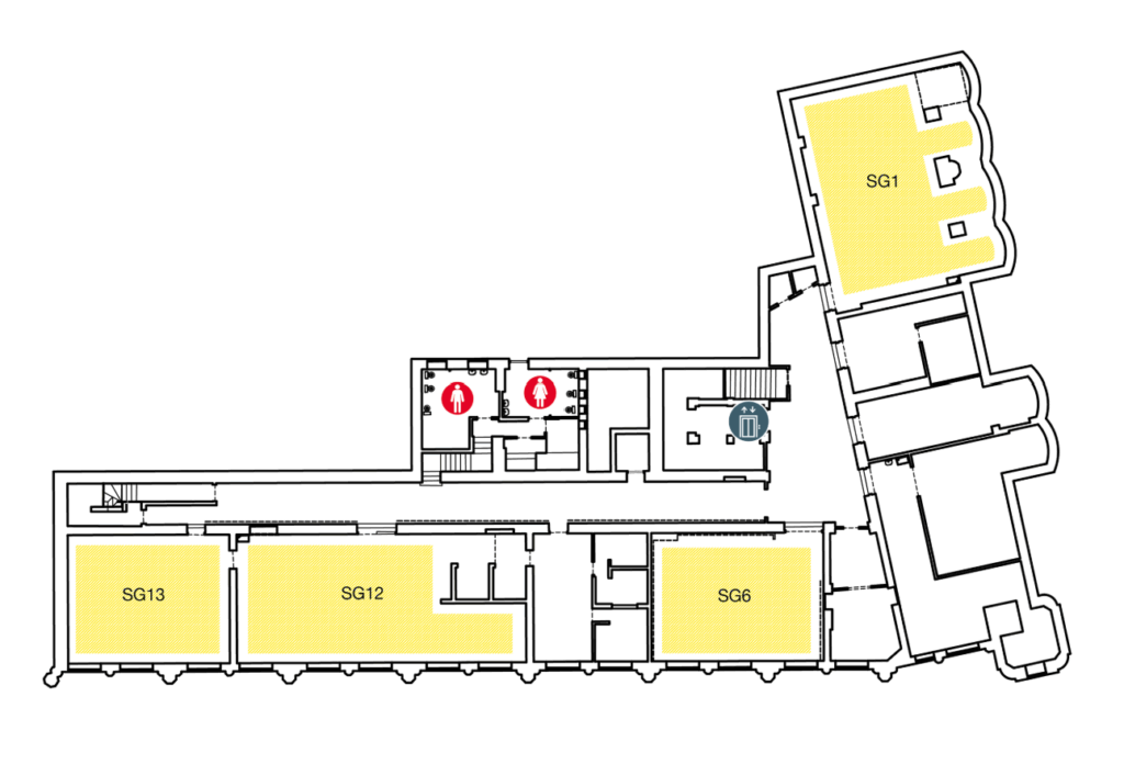Floor plan showing several rooms labeled SG1, SG6, SG12, and SG13. Restrooms are marked with red icons in the center, and an elevator is marked with a blue icon near the middle of the layout.