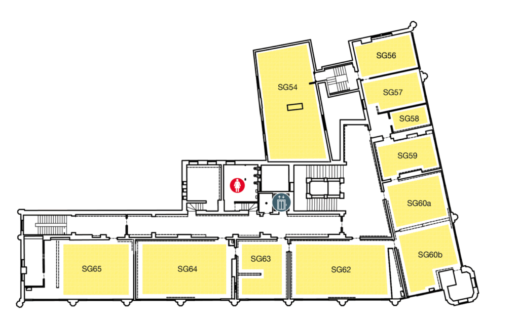 Floor plan showing several labeled rooms (SG54–SG65) highlighted in yellow, with stairways, restrooms, and an elevator marked in the central corridor area.