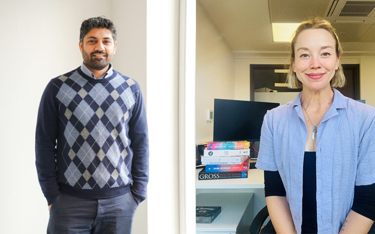 A man in a dark argyle sweater stands against a plain background on the left, and a woman in a light blue shirt stands smiling in an office with books and a monitor behind her on the right.