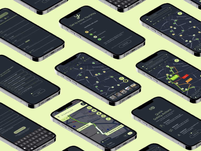 Multiple smartphones display various screens of a transportation or navigation app, featuring maps, routes, forms, and instructions, all with a dark theme and neon green accents, arranged diagonally on a light yellow background.