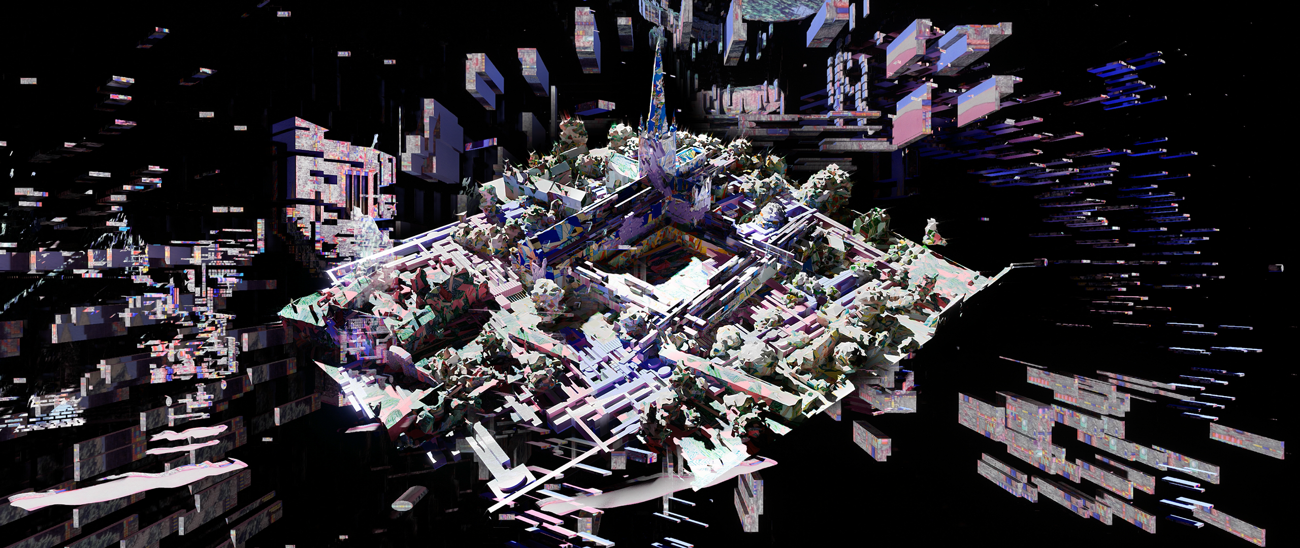 A digital artwork depicts a fragmented, futuristic cityscape floating in space, with geometric shapes and pixelated structures extending outward against a black background.