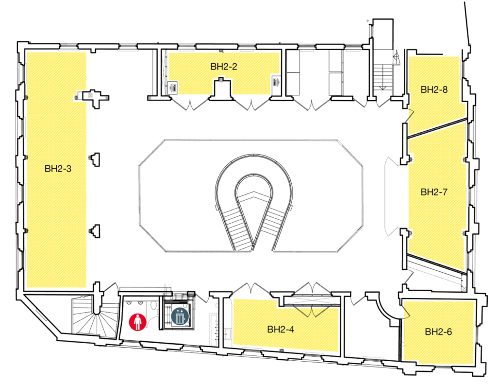 A floor plan showing several rooms labeled BH2-1 to BH2-8, highlighted in yellow. There is a central spiral staircase and an elevator and restroom icons in the lower left corner near room BH2-4.