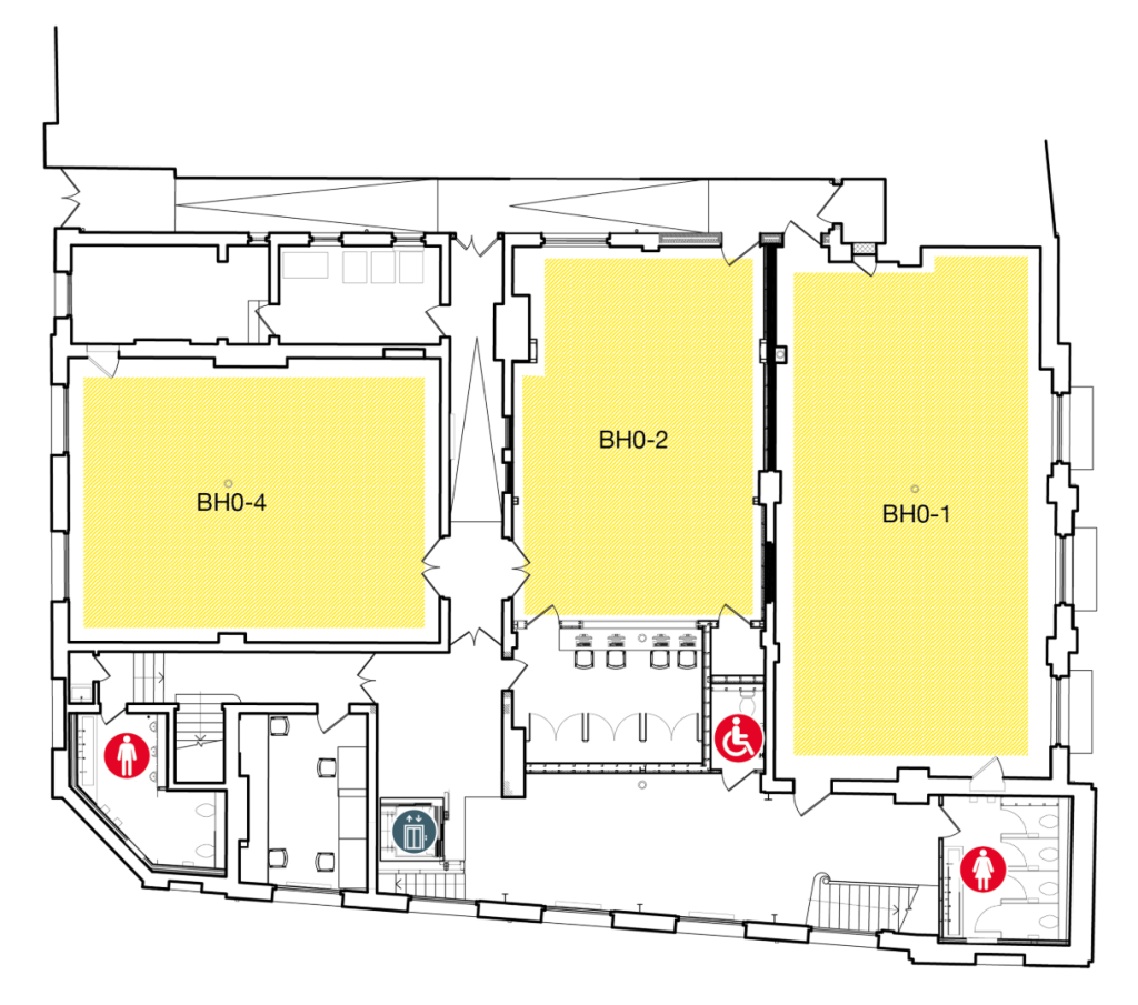Floor plan with three large, labeled rooms (BHO-1, BHO-2, BHO-4), restrooms marked for men and women, a wheelchair-accessible restroom, and a trash bin icon near the center of the layout.