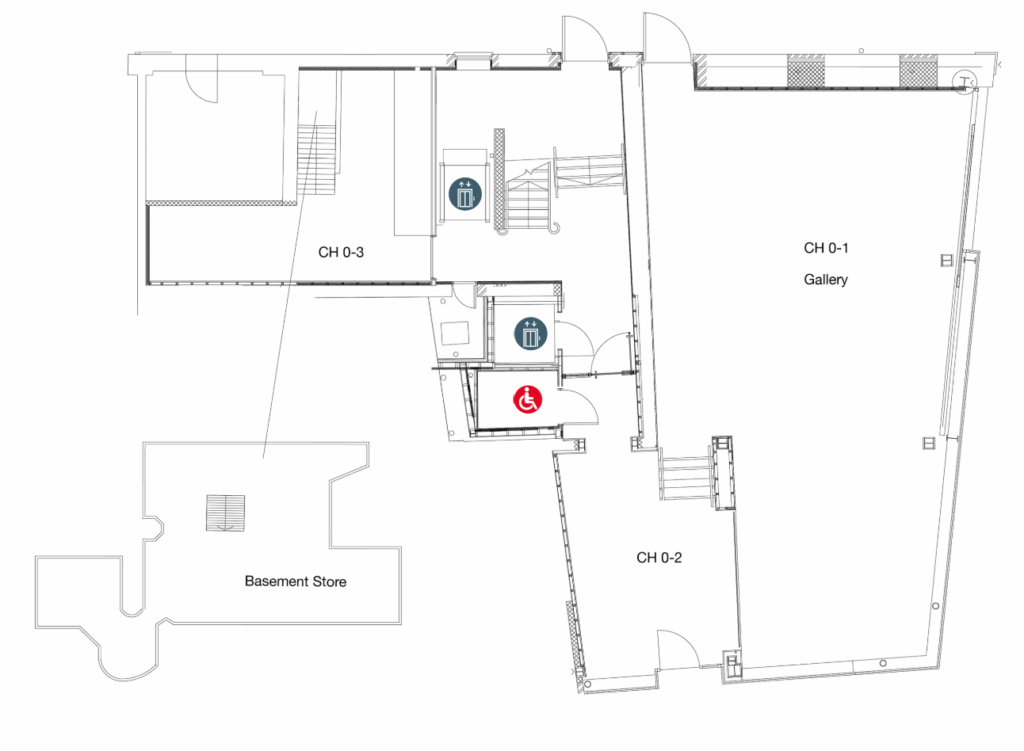 Floor plan showing a gallery space (CH 0-1), two smaller rooms (CH 0-2, CH 0-3), restrooms with male and female icons, an accessible restroom with a wheelchair icon, and access to a basement store.