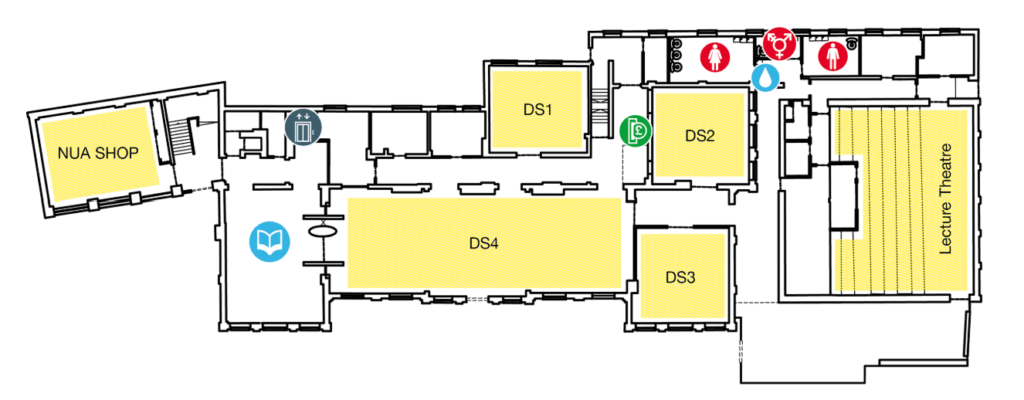 Floor plan showing the locations of NUA Shop, DS1-DS4 rooms, Lecture Theatre, toilets, water fountain, recycling bin, and book area within a building. Key icons indicate each facility.