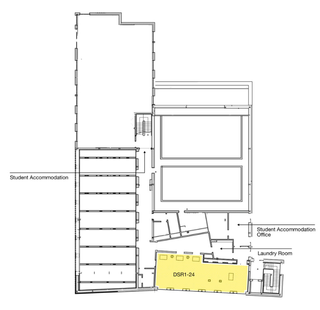 Building floor plan showing student accommodation rooms on the left, the student accommodation office and laundry room on the right, and the highlighted DSR1-24 room at the bottom right corner.