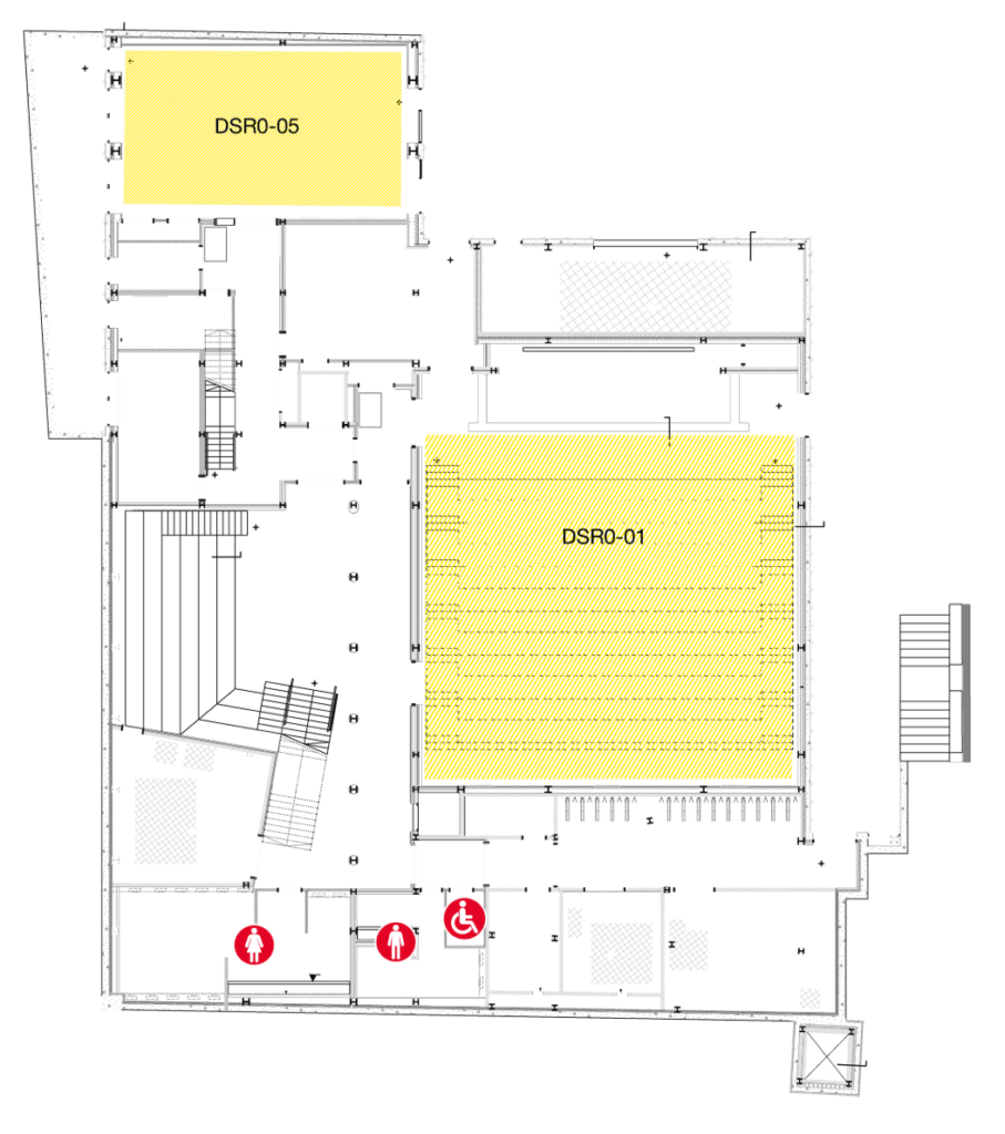 Floor plan showing two highlighted rooms labeled DSRO-01 (large, center-right) and DSRO-05 (smaller, upper left). Restrooms, including an accessible stall, are marked in the lower center area.