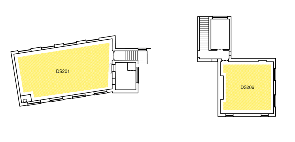 Floor plan showing two rooms: DS201, a large rectangular room with angled walls on the left, and DS206, a smaller square room on the right. Both rooms are highlighted in yellow. Staircases are shown nearby.