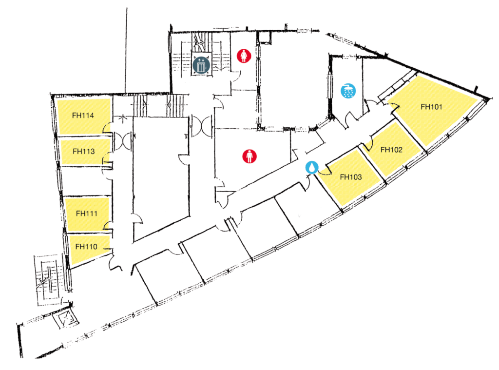 A floor plan shows rooms FH101–FH114 labeled in yellow. Restrooms and water fountains are marked with red and blue icons. Hallways connect the rooms, and the layout has an angled design on the right side.