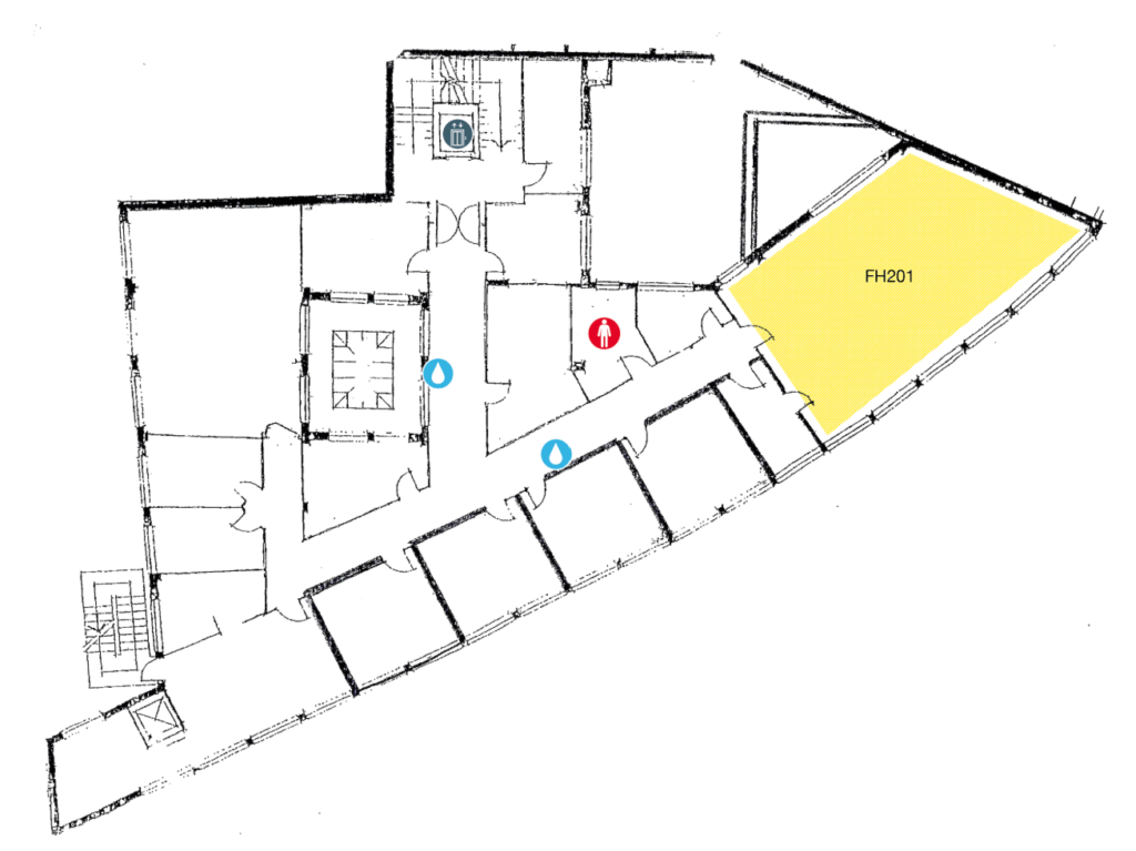 Floor plan showing several rooms. Room FH201 is highlighted in yellow. Blue icons indicate water fountains, and a red icon marks a restroom. Hallways and stairwells are also visible.