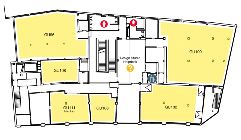 A floor plan of a building showing rooms GU96, GU100, GU102, GU106, GU108, and GU111 (Mac Lab). Icons indicate restrooms, an elevator, and a Design Studio Helpdesk at the center.