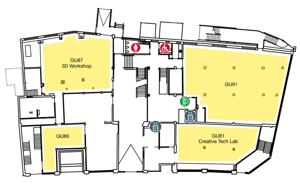 Floor plan showing three main rooms: GU87 (3D Workshop), GU86, and GU81 (Creative Tech Lab). Icons indicate restrooms, accessible facilities, lifts, and a parking area near the center of the plan.