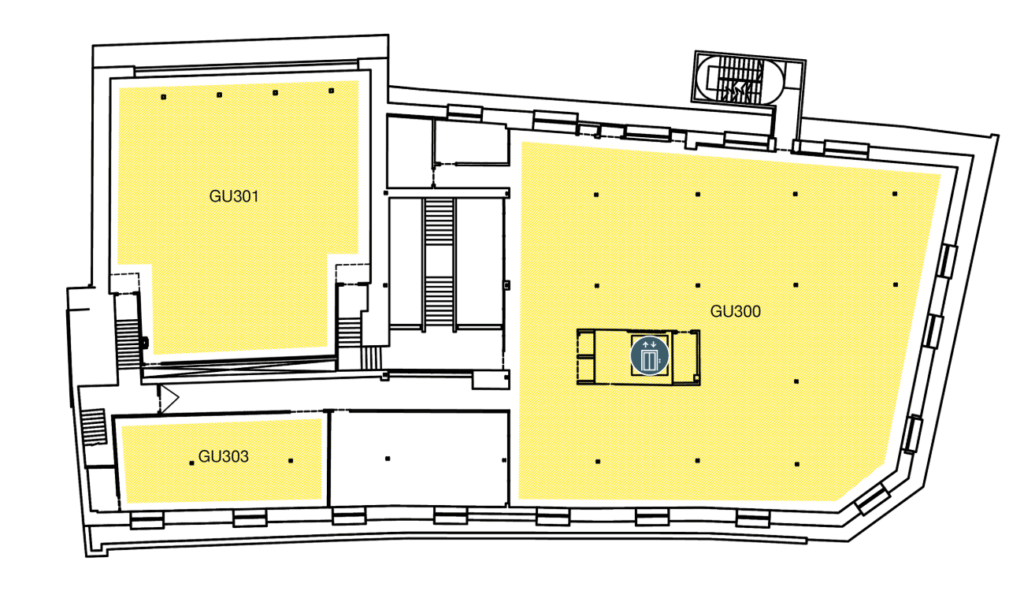 Floor plan showing three labeled rooms: GU301 (top left), GU303 (bottom left), and the large GU300 (right). Elevator/stair icon is near the middle. The layout includes hallways and staircases.