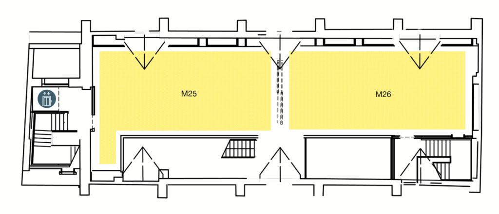 Floor plan with two large yellow-highlighted rooms labeled M25 and M26, separated by a dashed line, doors at both ends, a staircase, and a trash bin icon near the entrance on the left.