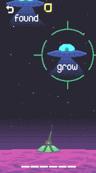 Pixel art image of a spaceship above a purple planet. The word "found" appears near a flying saucer at the top, and "grow" is inside a green target over another saucer. A green plant is growing from the planet’s surface.