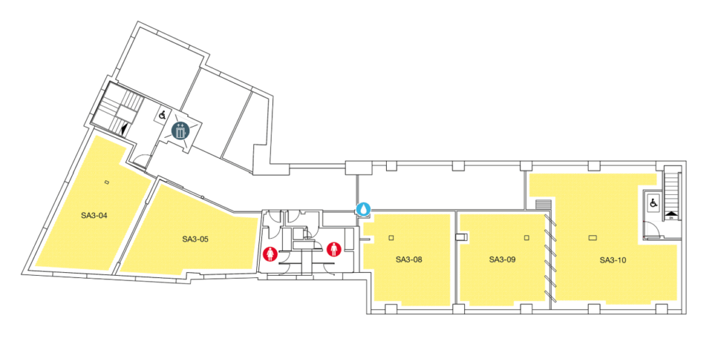 Floor plan showing several rooms labeled SA3-04 to SA3-10, stairwells, elevator, restrooms, and emergency exits marked with icons. Yellow highlights indicate accessible rooms or areas.