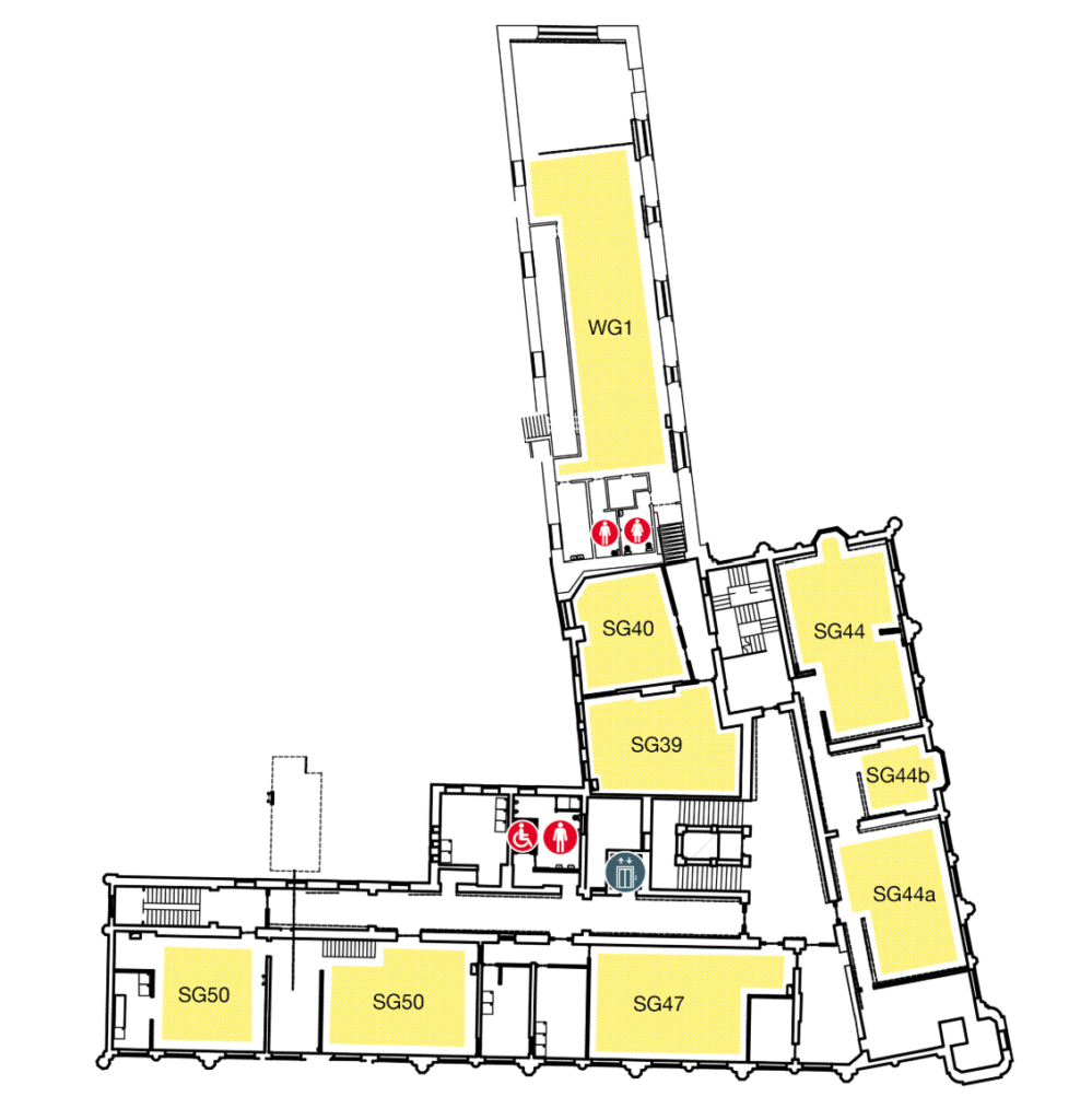 Floor plan with labeled rooms SG39, SG40, SG44, SG44a, SG44b, SG47, SG50, SG55, and WG1. Symbols for stairs, elevators, toilets, and accessible toilets are shown. Rooms are highlighted in yellow.