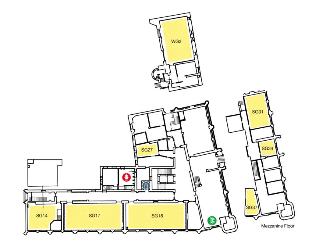 Floor plan showing several labeled rooms (SG14, SG17, SG18, SG27, SG31, SG34, SG37, WG2), staircases, elevators, restrooms (indicated by icons), and a parking area, all on the mezzanine floor.