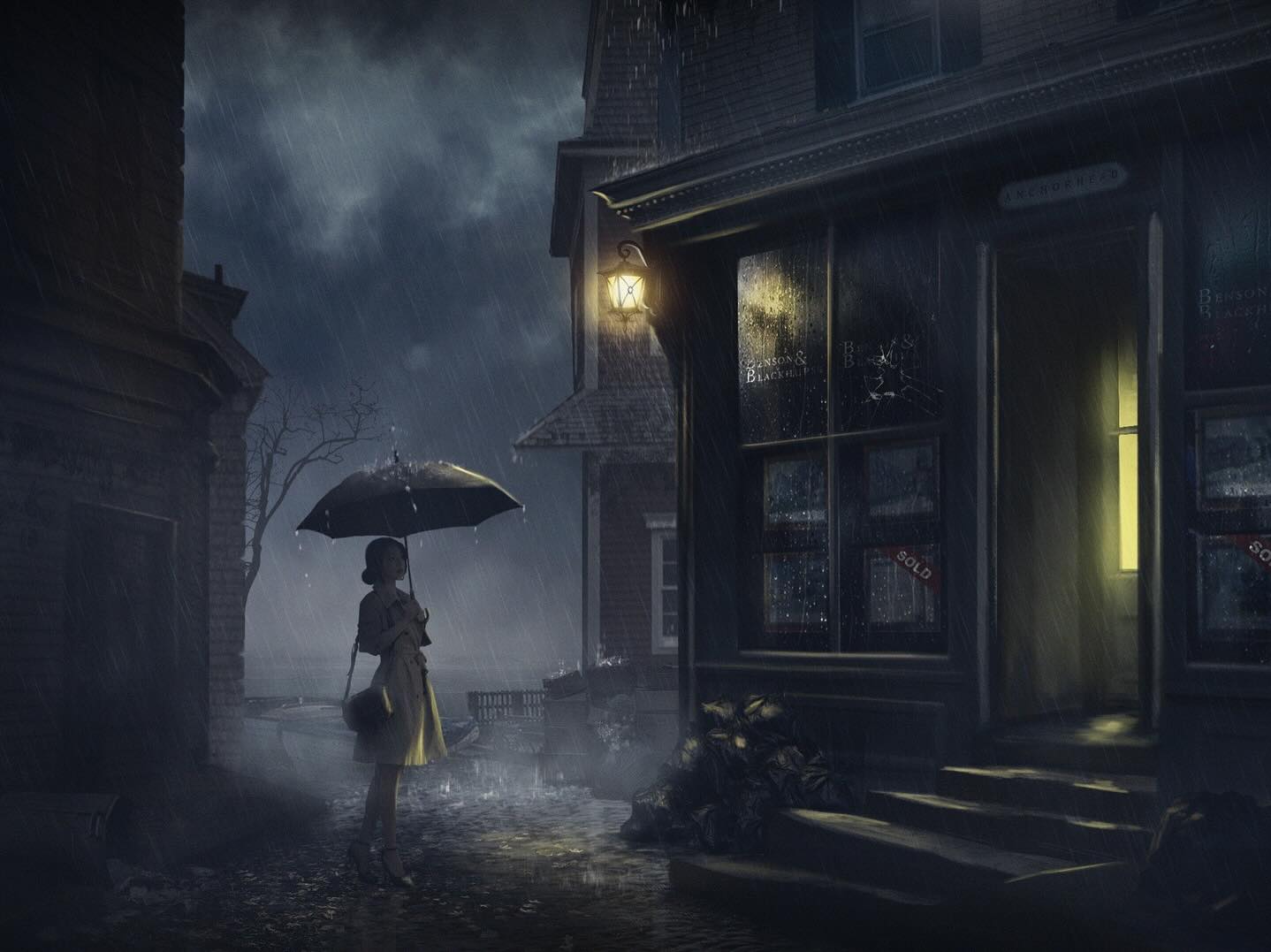 A woman in a trench coat stands under an umbrella on a rainy night, looking at a dimly lit building with a glowing doorway and boarded windows. The street is wet and lined with garbage bags.
