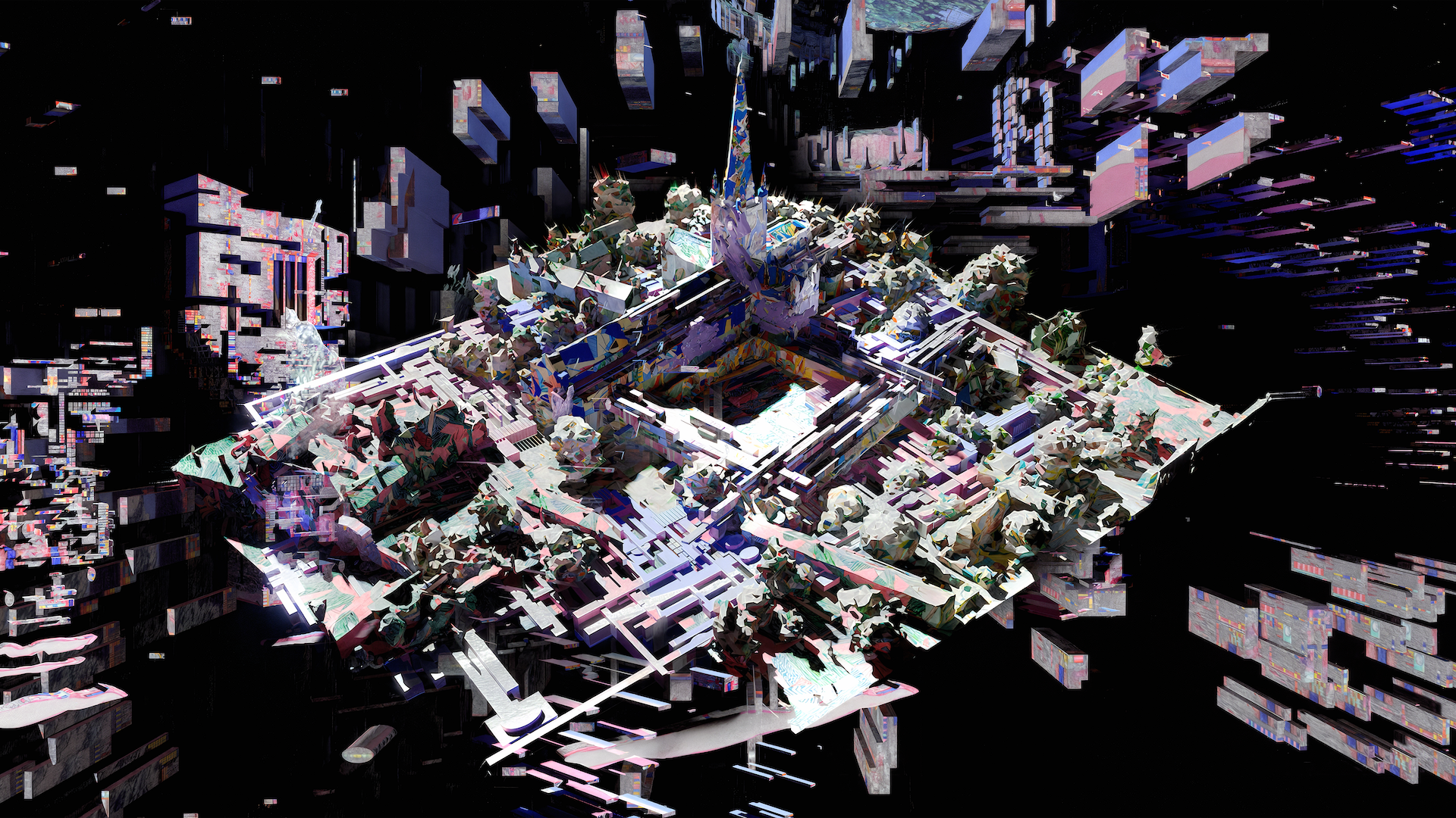 A futuristic, abstract scene with a floating, glitchy square platform featuring geometric shapes, digital distortion, and fragmented, colorful blocks against a dark background. The platform appears pixelated and chaotic.