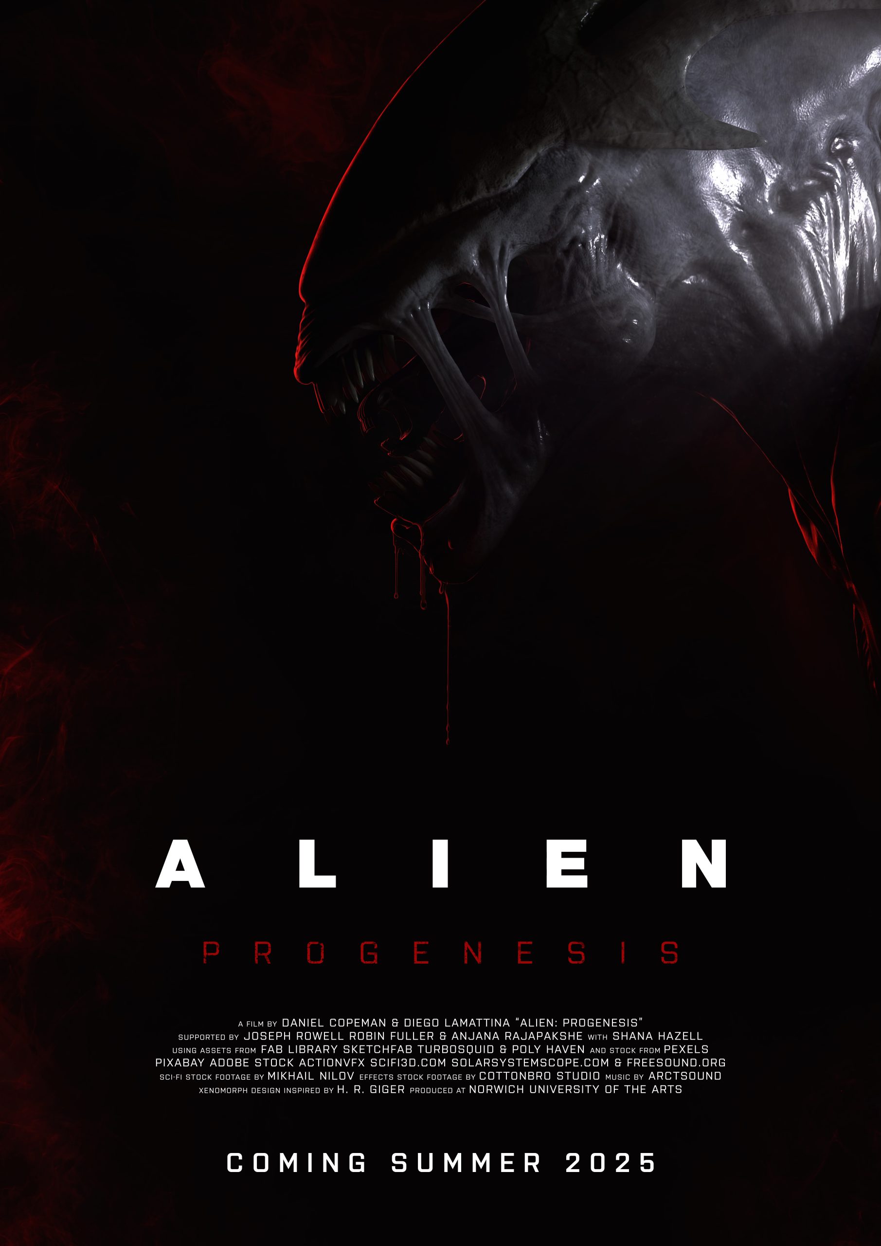 A menacing, shadowy Xenomorph with an exposed, glistening jaw appears on a dark poster for "Alien: Progenesis." Red light highlights the creature. Text below announces the film is coming summer 2025.