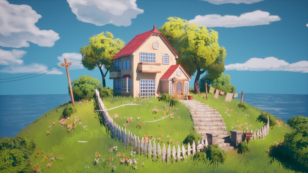 A charming house with a red roof sits atop a grassy hill by the sea, surrounded by blooming flowers, trees, a white picket fence, and stone steps leading to the front door under a bright blue sky with fluffy clouds.