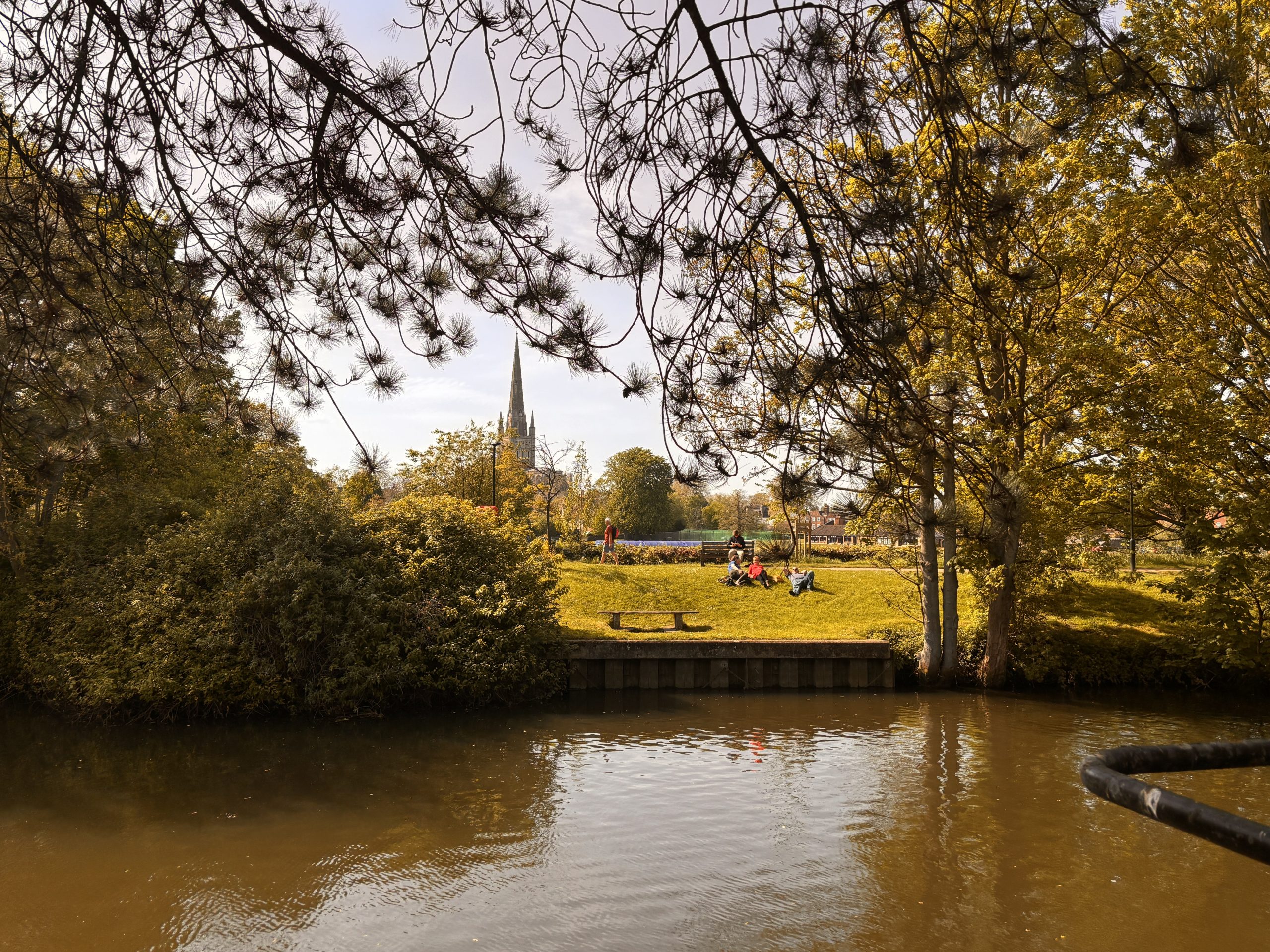 People relax on a grassy riverside under trees with autumn leaves, with Norwich Cathedral visible in the background across the water on a sunny day.