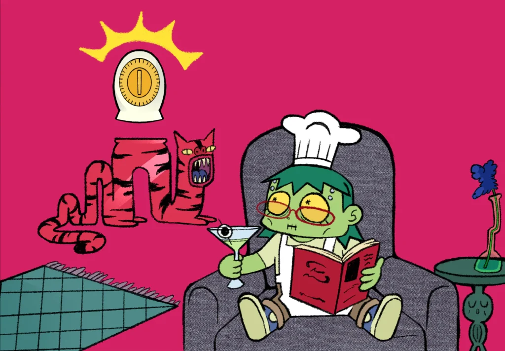 A cartoon chef with green skin sits in an armchair, holding a martini and a book. A red, snarling cat and a glowing sun clock are in the background. The scene has a quirky, surreal vibe with bold pink and teal colors.