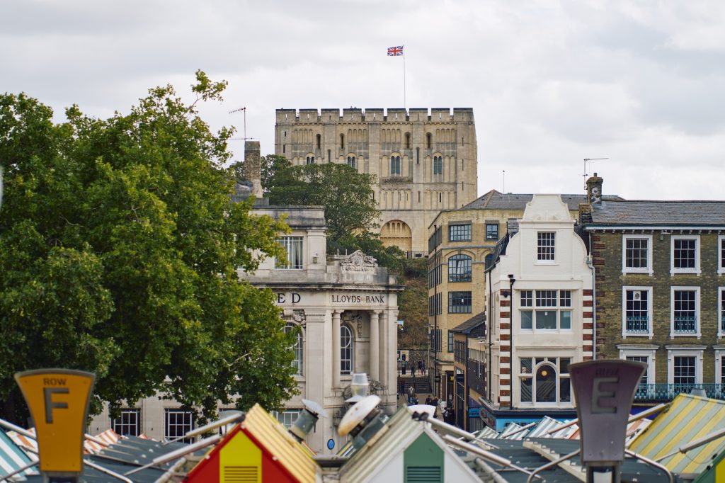 A view of Norwich Market with colorful stalls in the foreground, Lloyds Bank and other buildings behind, and Norwich Castle with a flag on top in the background under a cloudy sky.