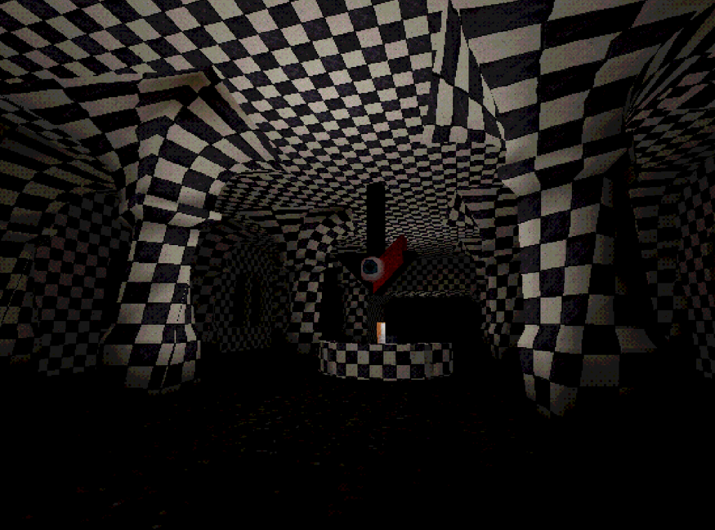 A dark room with black and white checkerboard-patterned walls, floor, and ceiling, featuring stone arches and a red eye hanging from the ceiling.