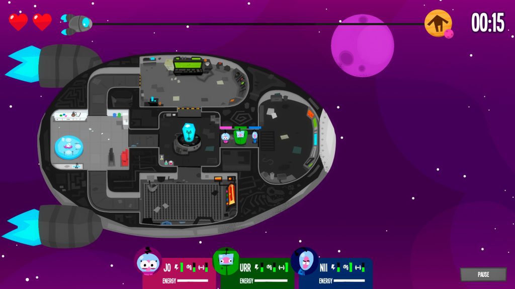A screenshot of a cartoon spaceship interior with multiple rooms and characters, set against a purple space background with a pink planet. Health bars and timers are shown at the top, with player and enemy stats at the bottom.