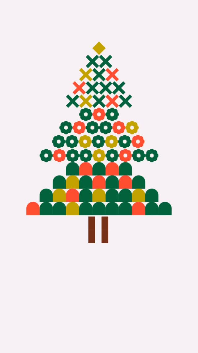 A stylized Christmas tree made of colorful geometric shapes including X’s, circles, and semicircles, with a simple brown trunk on a light background.