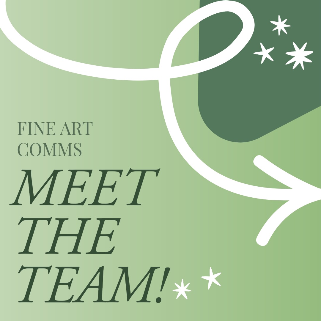 Light green graphic with abstract white line, stars, and text: "FINE ART COMMS MEET THE TEAM!" in bold capital letters.