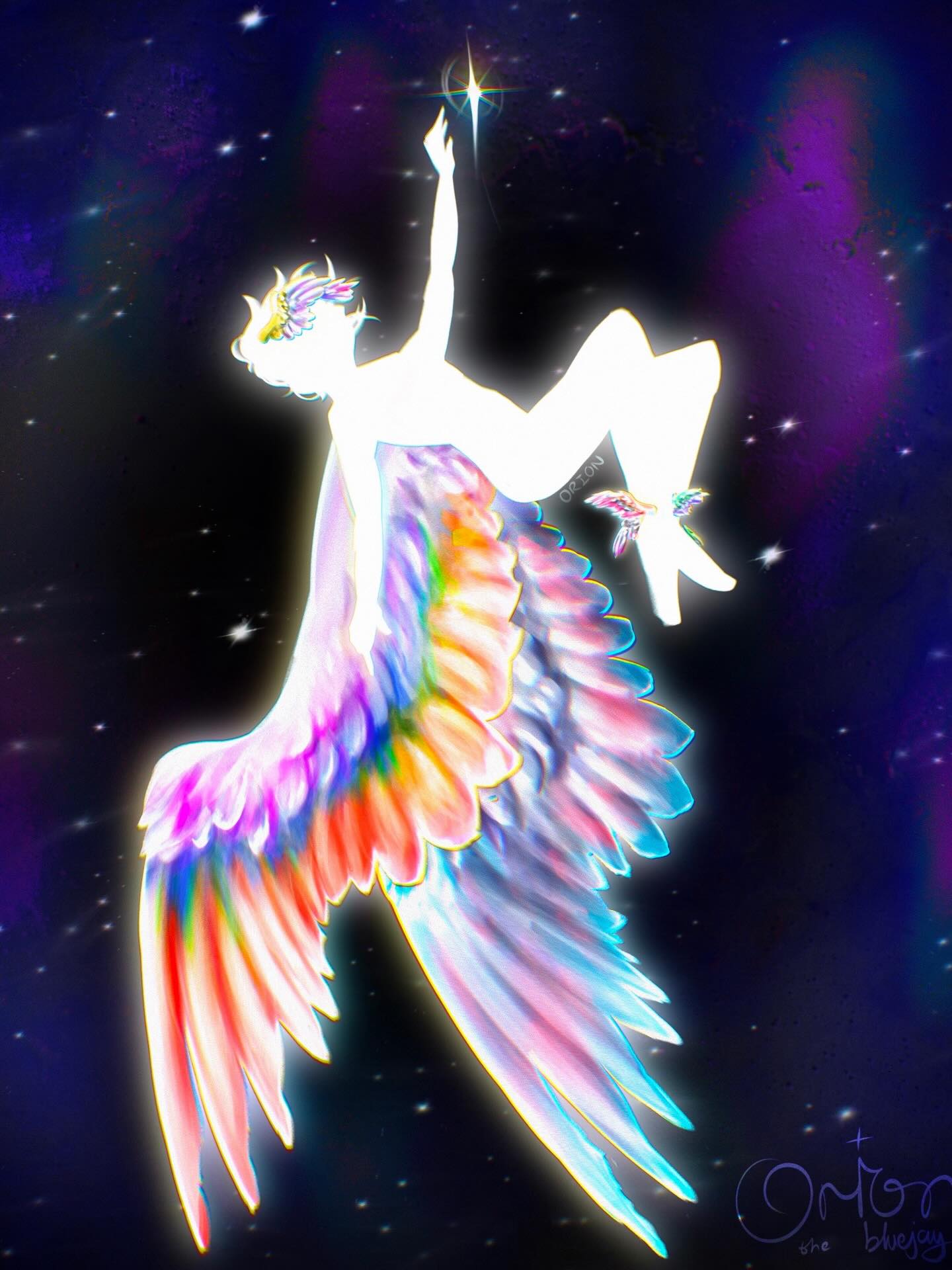 A glowing, winged figure with rainbow-colored wings floats in a starry, cosmic background. The figure reaches upward toward a bright star, surrounded by a colorful aura and wearing a flower crown and ankle bracelets.